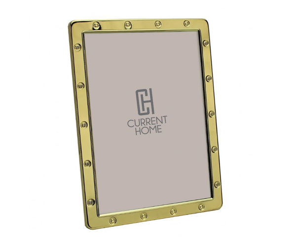 The Addison Ross Locket Frame Gold features a gold metal finish with round decorative studs and displays a CH Current Home placeholder image. It comes in a stylish gift box, making it an elegant gift choice.
