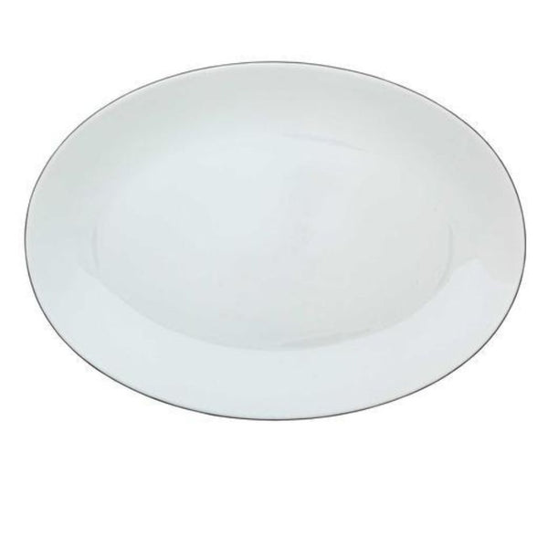 The Monceau Oval Platter Platinum Large by Raynaud is an elegant Limoges porcelain piece, featuring a plain oval shape, smooth surface, and slightly raised edges—perfectly photographed on a white background.