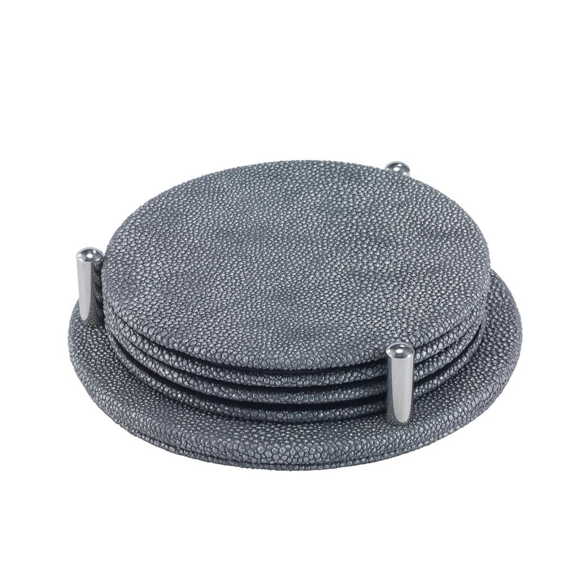 The Bodrum Stingray Coaster Set of 4 features round, textured gray metallic coasters and a matching holder with three metal posts for easy care and stylish organization.