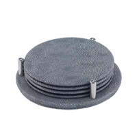 The Bodrum Stingray Coaster Set of 4 features round, textured gray metallic coasters and a matching holder with three metal posts for easy care and stylish organization.