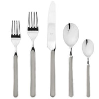 The Mepra Fantasia Flatware 5 Piece Set includes a salad fork, dinner fork, dinner knife, soup spoon, and teaspoon with modern handles; dishwasher safe and available in 16 colors.
