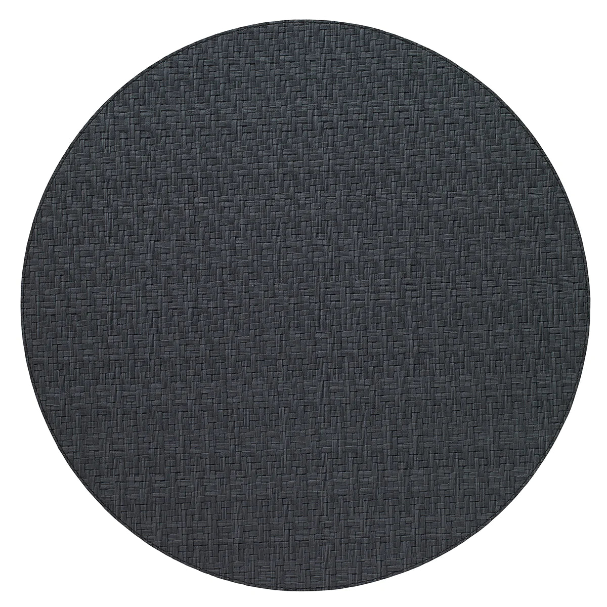 The Bodrum Wicker Round Placemat Black Set of 4 features dark gray woven vinyl with a subtle textured pattern, phthalate-free for easy care and everyday use, shown from above on a white background.