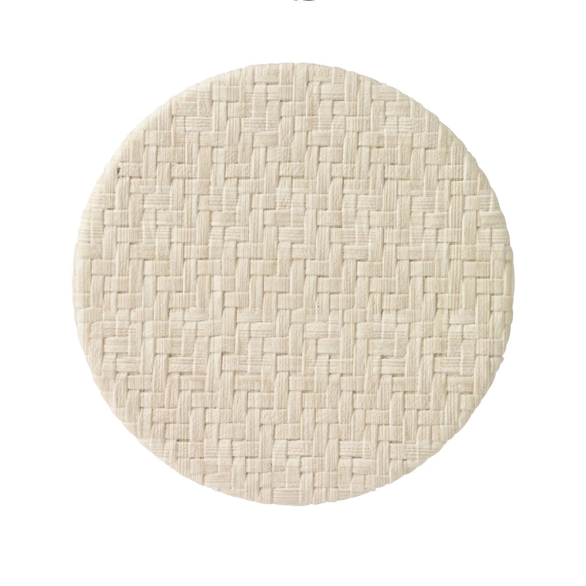 The Bodrum Wicker Easy Care Coaster Set features round, beige coasters with a subtle basketweave design and felt backing, displayed on a white background.
