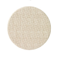 The Bodrum Wicker Easy Care Coaster Set features round, beige coasters with a subtle basketweave design and felt backing, displayed on a white background.