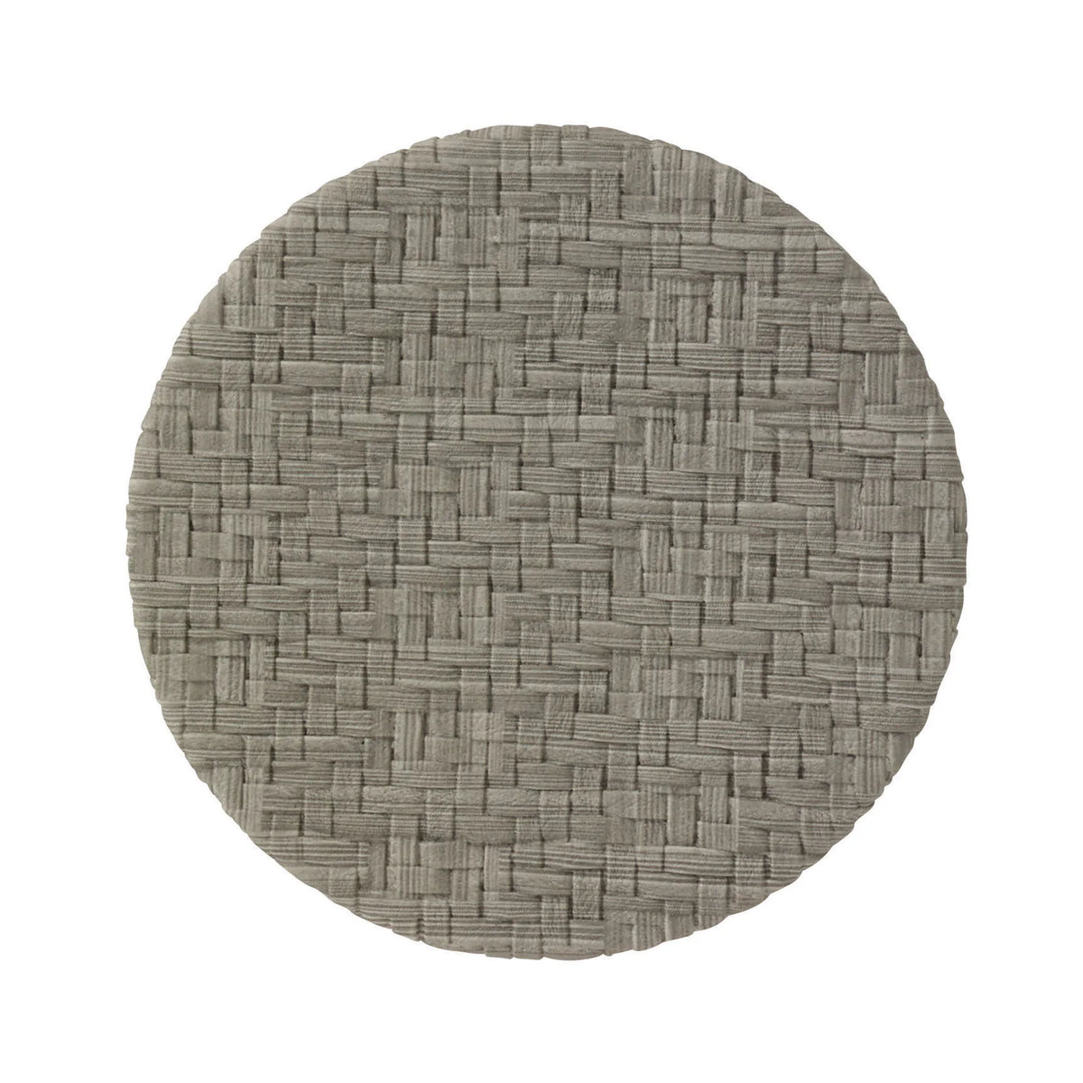 The Bodrum Wicker Easy Care Coaster Set features a round, neutral gray design with a woven basket texture, crisscross pattern, and felt backing. Made from phthalate-free vinyl, these coasters add style and protection to any table setting.