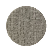 The Bodrum Wicker Easy Care Coaster Set features a round, neutral gray design with a woven basket texture, crisscross pattern, and felt backing. Made from phthalate-free vinyl, these coasters add style and protection to any table setting.