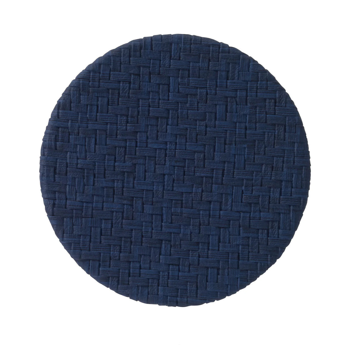 The Bodrum Wicker Easy Care Coaster Set features round, dark blue coasters made from phthalate-free vinyl with a subtle basket-weave pattern, shown on a white background.