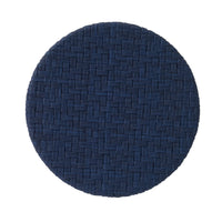 The Bodrum Wicker Easy Care Coaster Set features round, dark blue coasters made from phthalate-free vinyl with a subtle basket-weave pattern, shown on a white background.