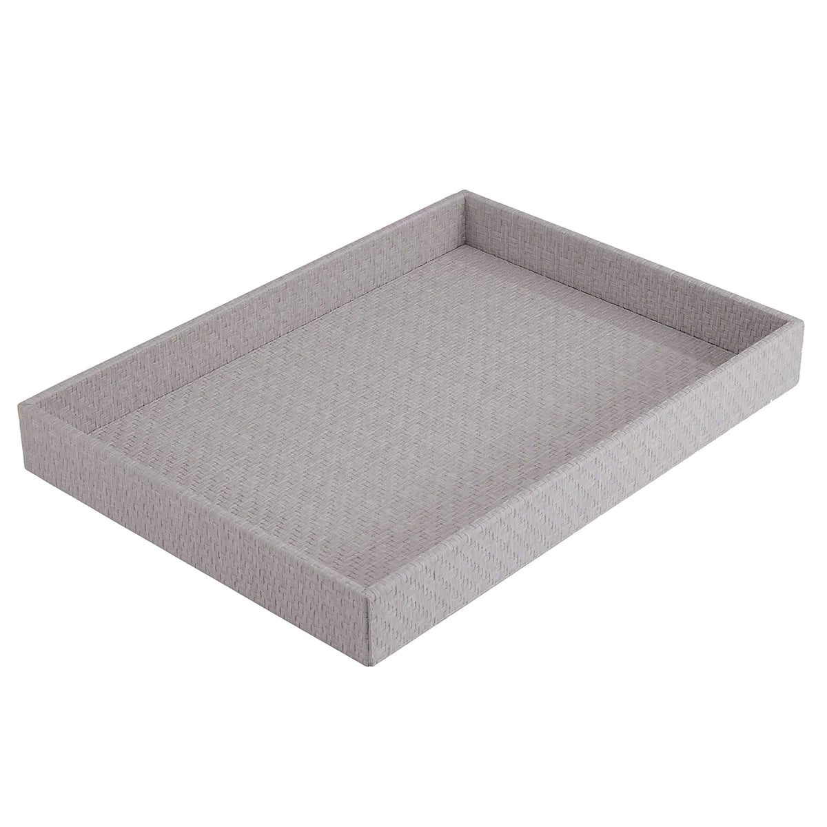 The Bodrum Wicker Rectangle Tray Grey features a rectangular shape, light gray woven design, and raised edges, shown on a white background.