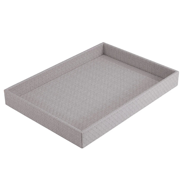 The Bodrum Wicker Rectangle Tray Grey features a rectangular shape, light gray woven design, and raised edges, shown on a white background.