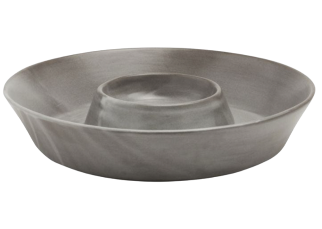The Marcus Cement Dinnerware Set of 4 by Blue Pheasant features round, grey ceramic plates with a raised center compartment. Microwave and dishwasher safe, they're perfect for serving chips and dip with easy cleanup after entertaining.