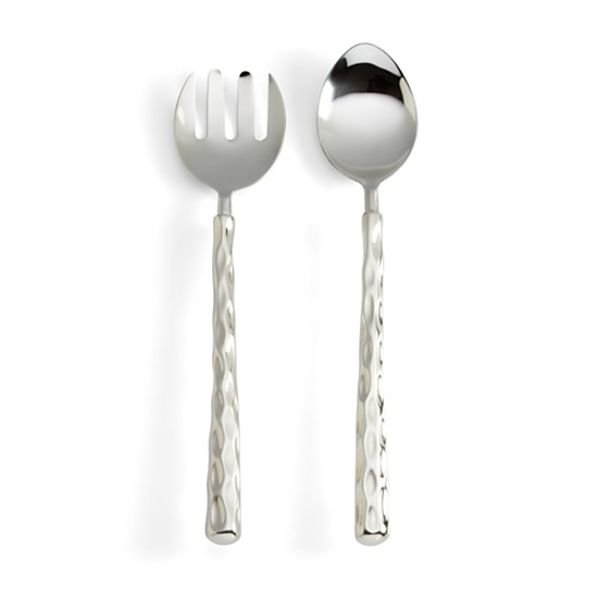 Two platinum-plated utensils with textured handles—a slotted serving fork and a solid spoon from the Michael Wainwright Truro Platinum Salad Server Set—are shown on a white background. Dishwasher safe for easy care.