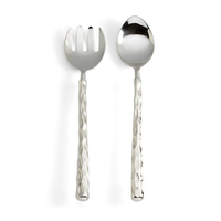 Two platinum-plated utensils with textured handles—a slotted serving fork and a solid spoon from the Michael Wainwright Truro Platinum Salad Server Set—are shown on a white background. Dishwasher safe for easy care.