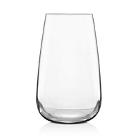 A clear Luigi Bormioli Talismano Bar Collection stemless wine glass, featuring a slightly tapered shape, is shown on a white background, exemplifying elegant Italian beverage glassware.