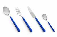 The Mepra Fantasia Flatware 5 Piece Set, available in 16 colors, features shiny metal tops and bright blue resin handles for each spoon, fork, knife, and teaspoon—all displayed on a white background.