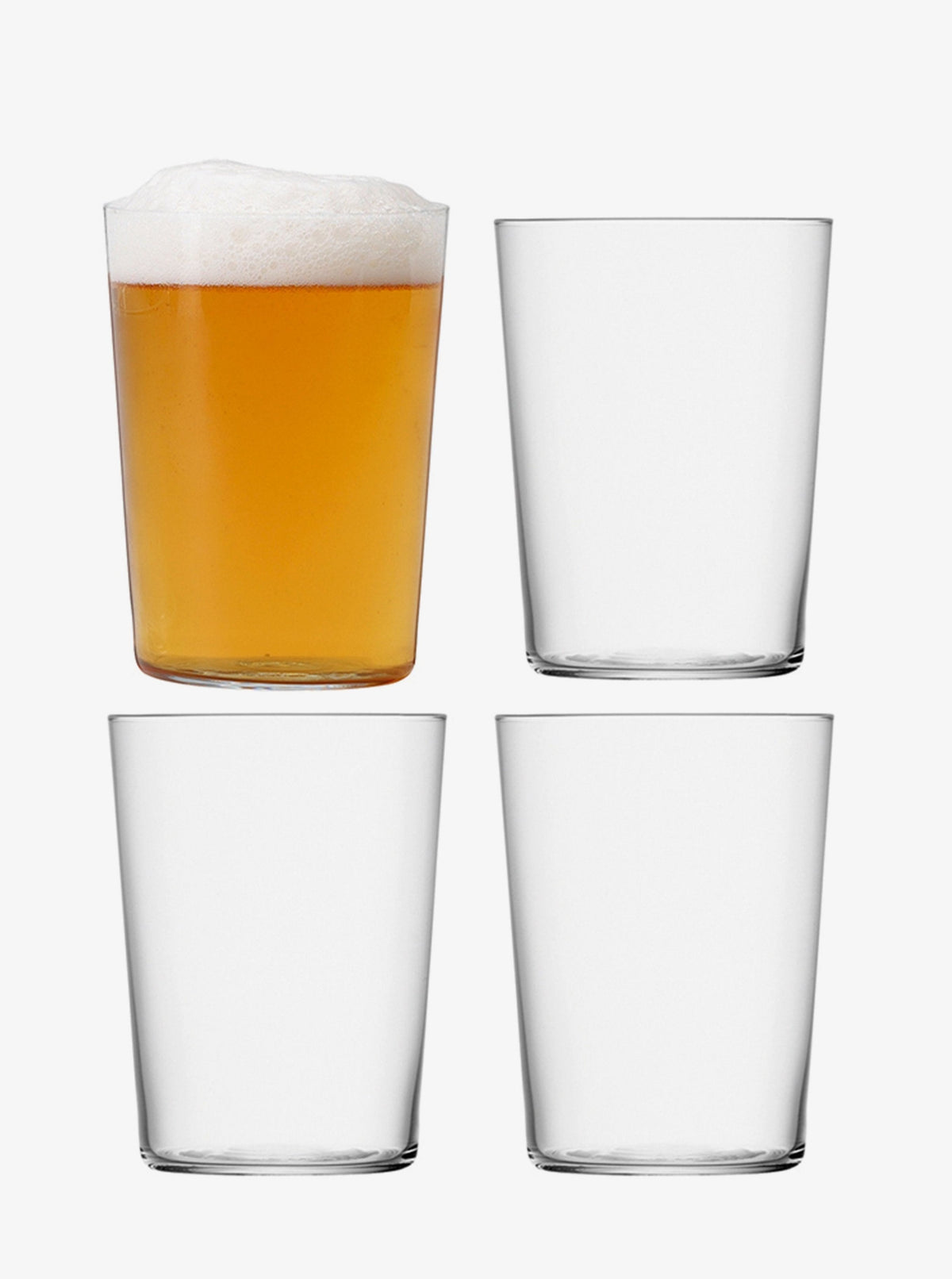 LSA's Gio Tumbler Large Set of 4, shown on a white background with one tumbler filled with beer and foam and three empty, are stackable and ideal for everyday use.