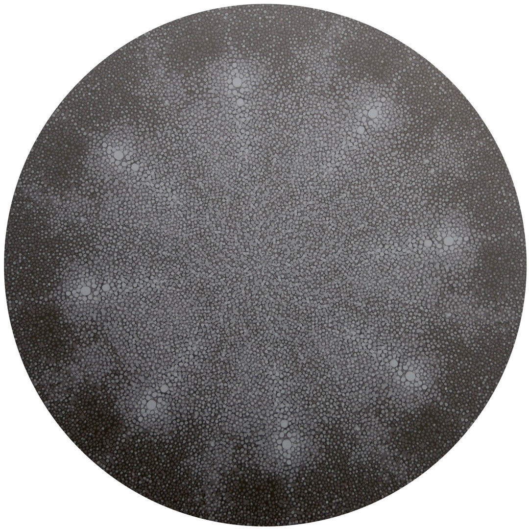The Shagreen Placemat by Tisch New York features a detailed pattern of small, interconnected white dots radiating in symmetrical shapes on a dark grey background, resembling a mandala or cell-like structure.