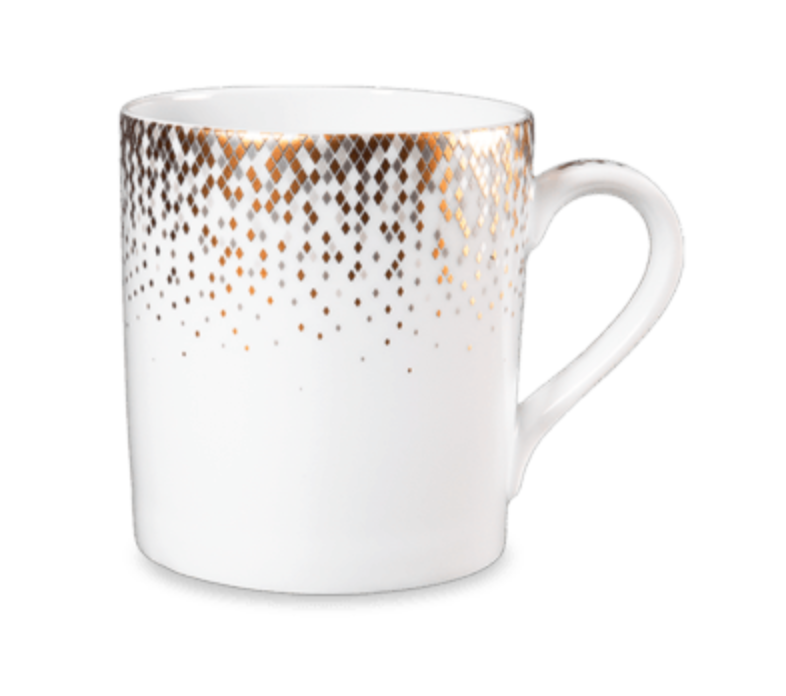 The Haviland Souffle D'or porcelain mug features a handle and is adorned with gold and dark brown geometric dotted patterns around the rim that fade gracefully down the white cup.