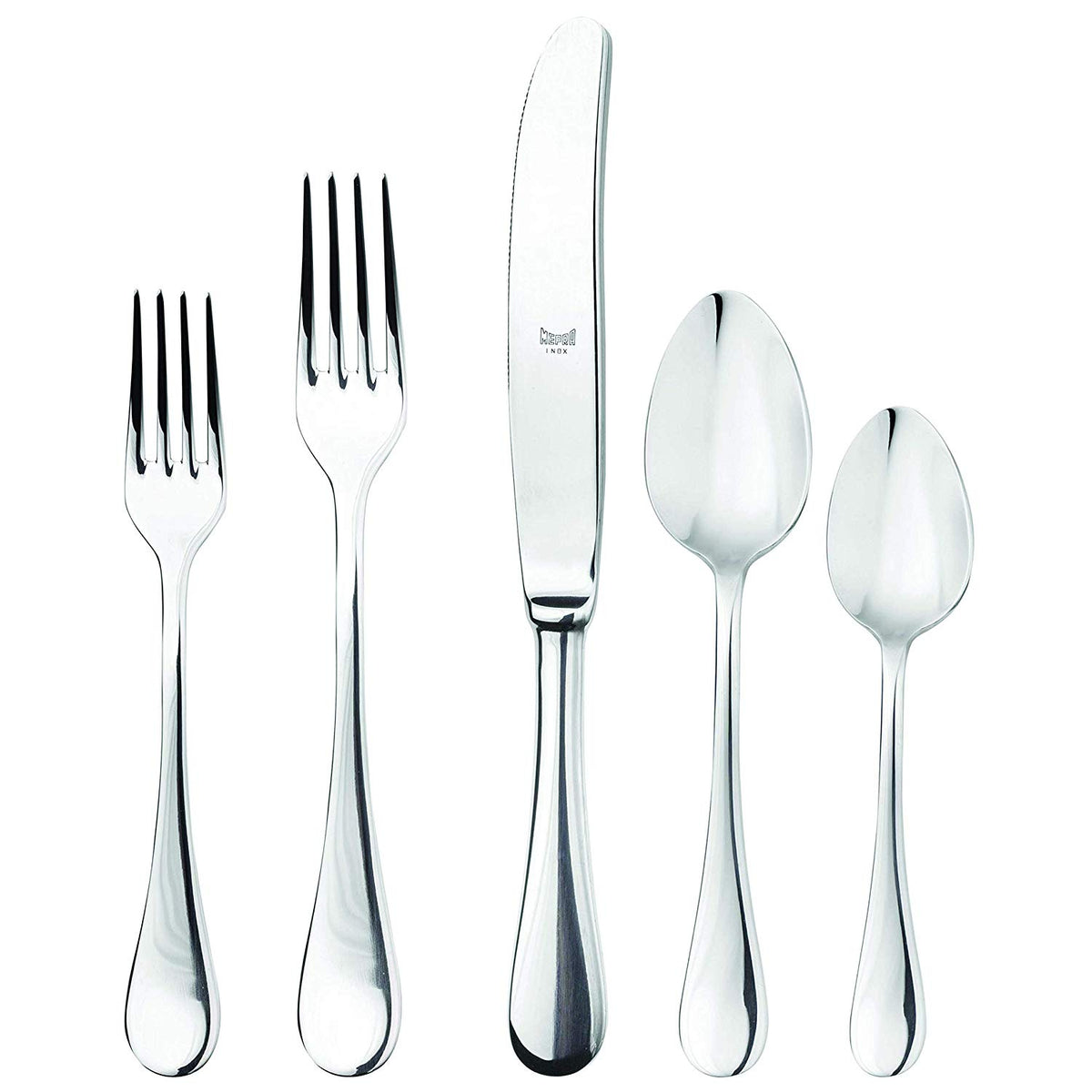 The Mepra Brescia Flatware 5 Piece Setting includes two forks, a knife, a tablespoon, and a teaspoon—each crafted from polished 18/10 stainless steel.