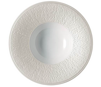 A white, round Raynaud Mineral Irise Dinnerware Pearl Grey porcelain plate with a textured rim and smooth center, shown from above on a plain background.