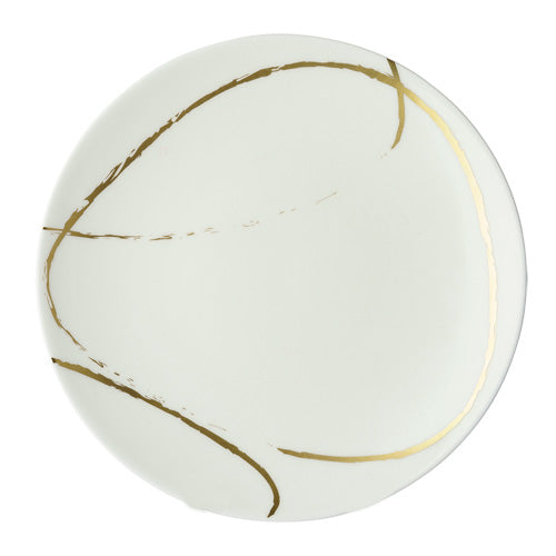 The Sketch Chalk Dinnerware by Royal Crown Derby is a white ceramic plate made in England, featuring minimal abstract gold curved lines around the edge.