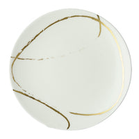 The Sketch Chalk Dinnerware by Royal Crown Derby is a white ceramic plate made in England, featuring minimal abstract gold curved lines around the edge.