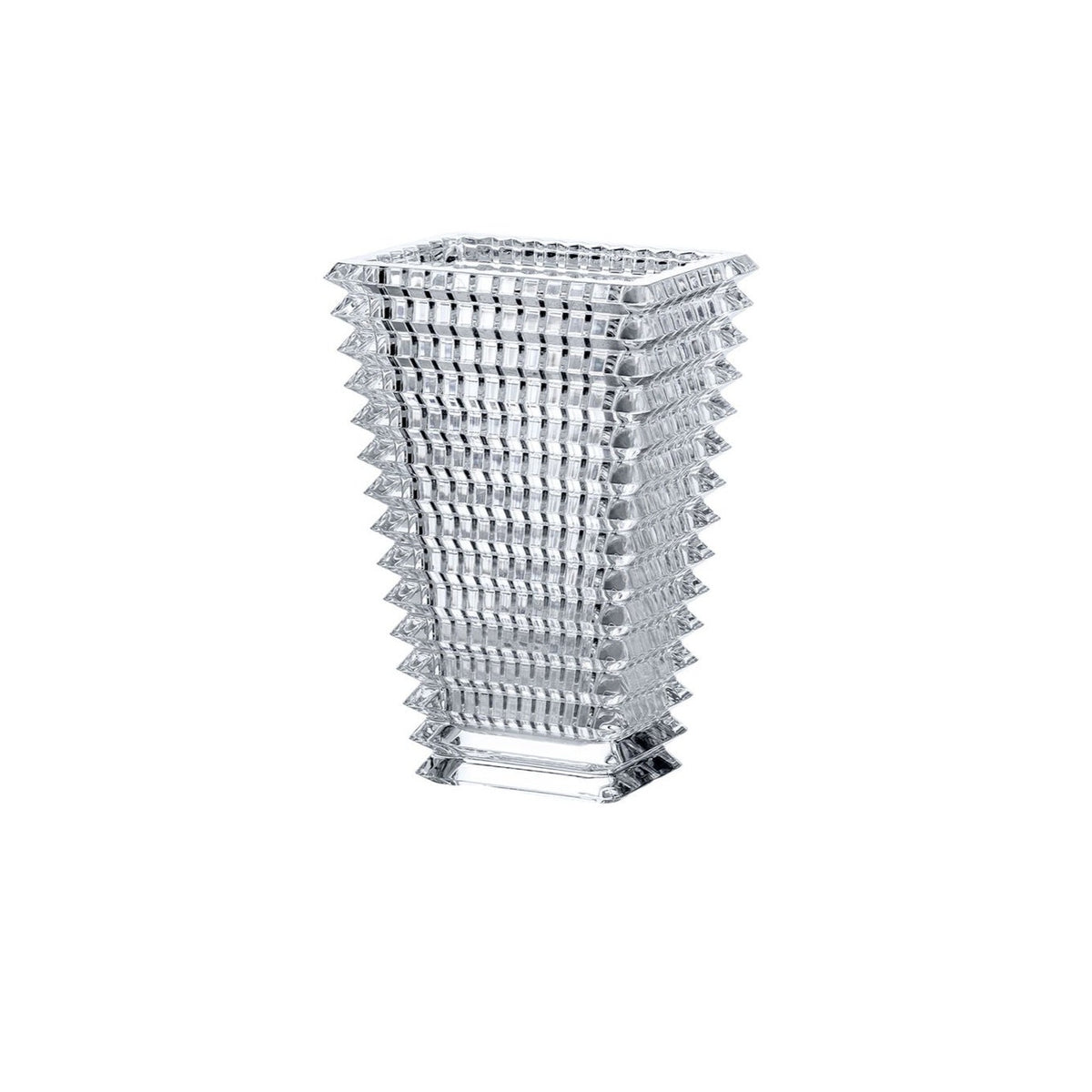 The Baccarat Eye Rectangular Vase Clear features a geometric, flared design with wavy grid-like layers along its sides and a square base, showcased against a white background.
