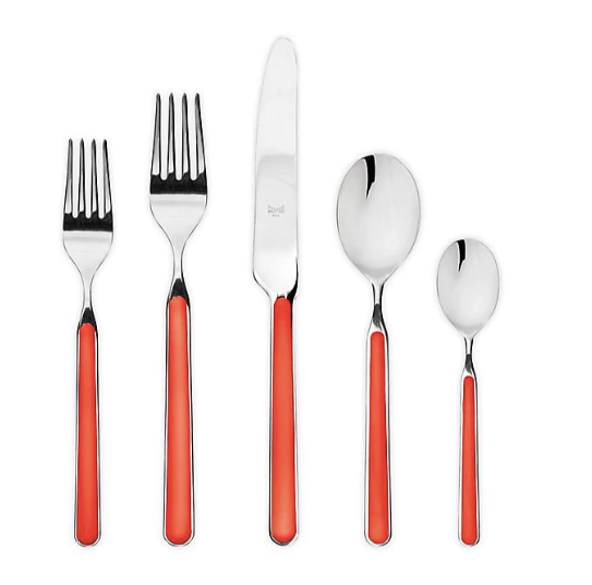 The Mepra Fantasia Flatware 5 Piece Set in vibrant red features shiny metal tops and resin handles—includes two forks, a knife, a large spoon, and a small spoon. Dishwasher safe. Available in 16 colors and shown side by side on a white background.