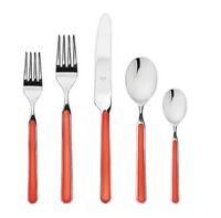 The Mepra Fantasia Flatware 5 Piece Set in vibrant red features shiny metal tops and resin handles—includes two forks, a knife, a large spoon, and a small spoon. Dishwasher safe. Available in 16 colors and shown side by side on a white background.