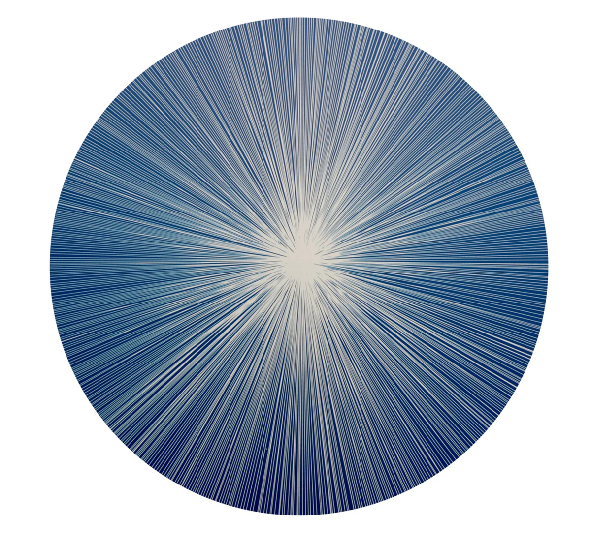 The Lines Shadow Placemat Set of 4 by Tisch New York features a modern starburst design with blue and white lines radiating from a bright center to deep blue edges.