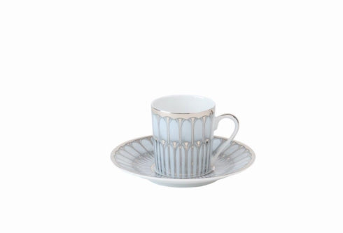 A white Limoges porcelain espresso cup with handle from the Philippe Deshoulieres BIA Arcades Platinum Dinnerware collection, featuring a silver geometric pattern, sits on its matching saucer against a plain white background.