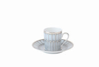 A white Limoges porcelain espresso cup with handle from the Philippe Deshoulieres BIA Arcades Platinum Dinnerware collection, featuring a silver geometric pattern, sits on its matching saucer against a plain white background.