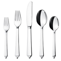 The Georg Jensen Pyramid Stainless Steel Mirror 5 Piece Flatware set features salad fork, dinner fork, dinner knife, soup spoon, and teaspoon—each with a shiny finish and elegant Art Deco-inspired design.