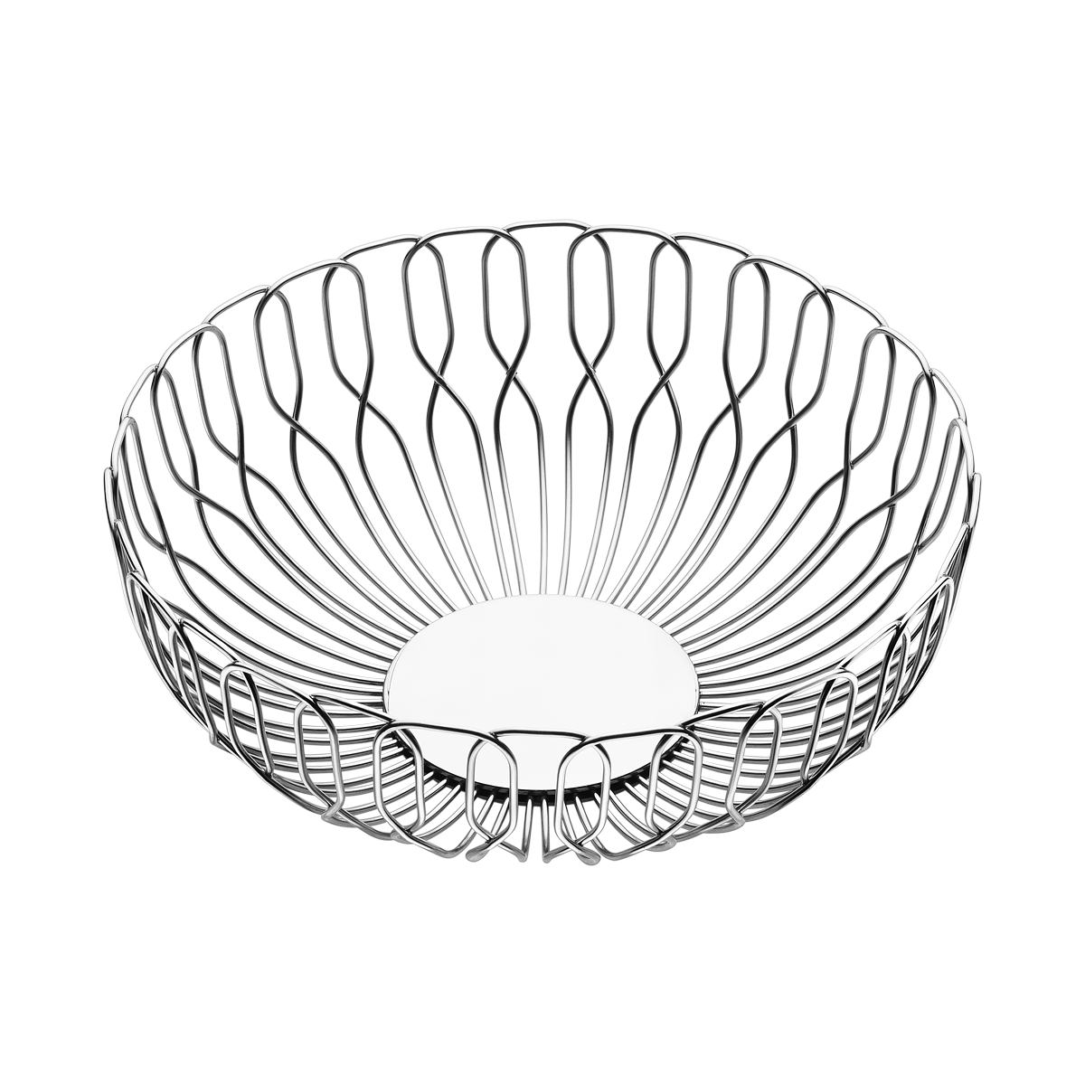 The Georg Jensen Alfredo Bread Basket Large features a modern, open stainless steel wire design and solid circular base—ideal for serving bread at dinner parties. Shown empty against a black background.