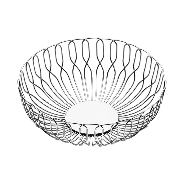 The Georg Jensen Alfredo Bread Basket Large features a modern, open stainless steel wire design and solid circular base—ideal for serving bread at dinner parties. Shown empty against a black background.