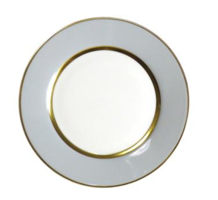The Recamier Grey & Gold Dinnerware by Royal Limoges features a white porcelain dinner plate with a wide pale gray border and gold rim, made in France, shown from above on a white background.