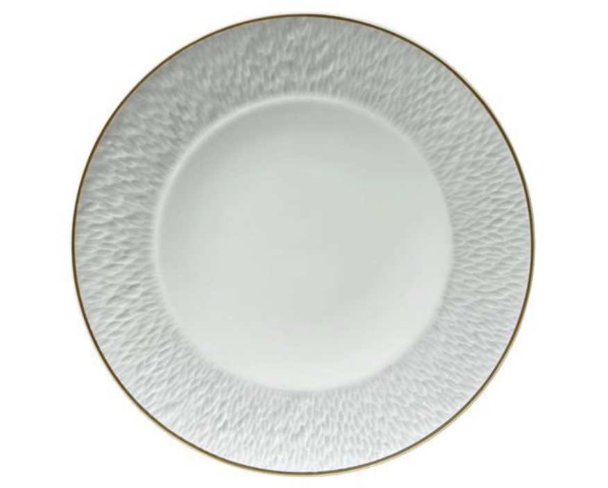 The Raynaud Mineral Irise Gold Filet Dinnerware features a round white contemporary design with a textured rim and thin gold edge, designed by Thierry Cheyrou and shown from above on a white background.