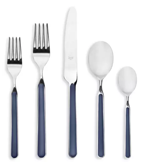 The Mepra Fantasia Flatware 5 Piece Set comes in 16 colors and includes a salad fork, dinner fork, knife, soup spoon, and teaspoon—all dishwasher safe with stylish resin handles.