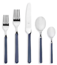 The Mepra Fantasia Flatware 5 Piece Set comes in 16 colors and includes a salad fork, dinner fork, knife, soup spoon, and teaspoon—all dishwasher safe with stylish resin handles.