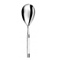 The Capdeco Conty Large Serving Spoon White is crafted from 18/10 stainless steel, featuring a reflective oval bowl and a smooth white handle with metallic accents—displayed on a plain white background.