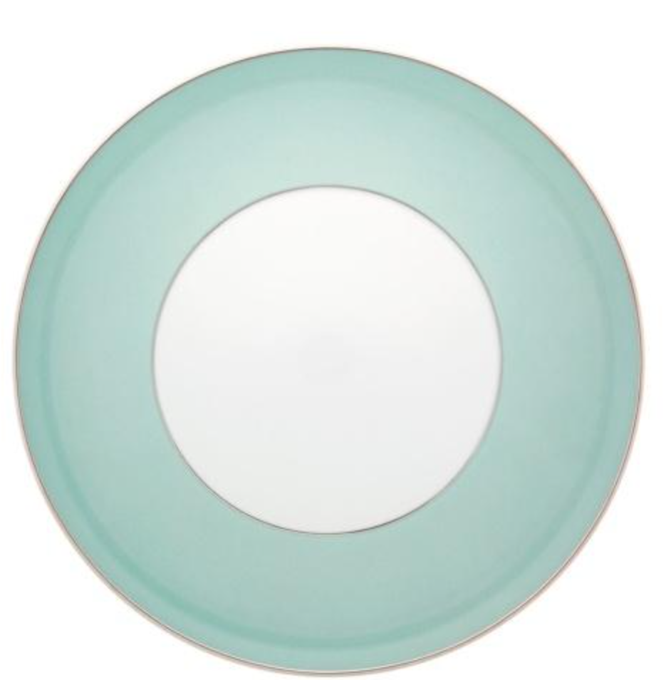 The Venezia Dinnerware by Vista Alegre is a round porcelain plate with a wide, pale turquoise rim fading into a white center—an elegant piece viewed from above.