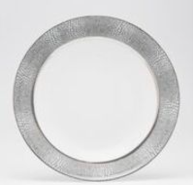 A Makassar Gray & Platinum Dinnerware plate by Royal Limoges/Bia Cordon Bleu, featuring a round white porcelain base with a wide, textured platinum rim, displayed against a plain white background.