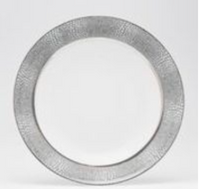 A Makassar Gray & Platinum Dinnerware plate by Royal Limoges/Bia Cordon Bleu, featuring a round white porcelain base with a wide, textured platinum rim, displayed against a plain white background.