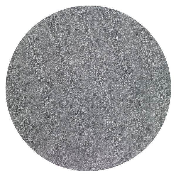 A set of 4 round, gray Stingray placemats by Bodrum, featuring a subtle dotted texture and made from phthalate-free vinyl, shown from above on a white background.