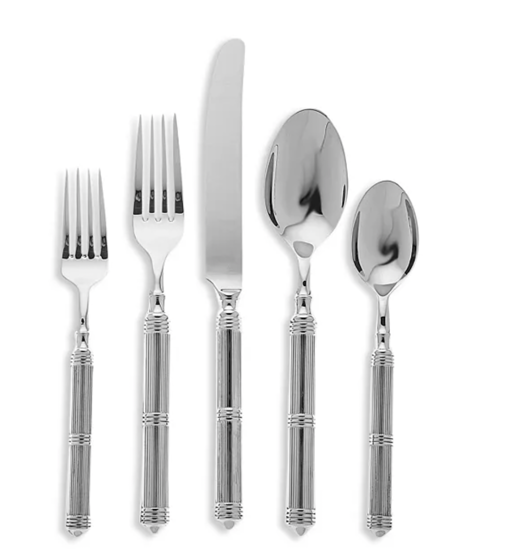The Ricci Castello Flatware Silver 5-Piece Setting features textured handles and decorative bands in 18/10 stainless steel, including a dinner fork, salad fork, knife, tablespoon, and teaspoon displayed on a white background.