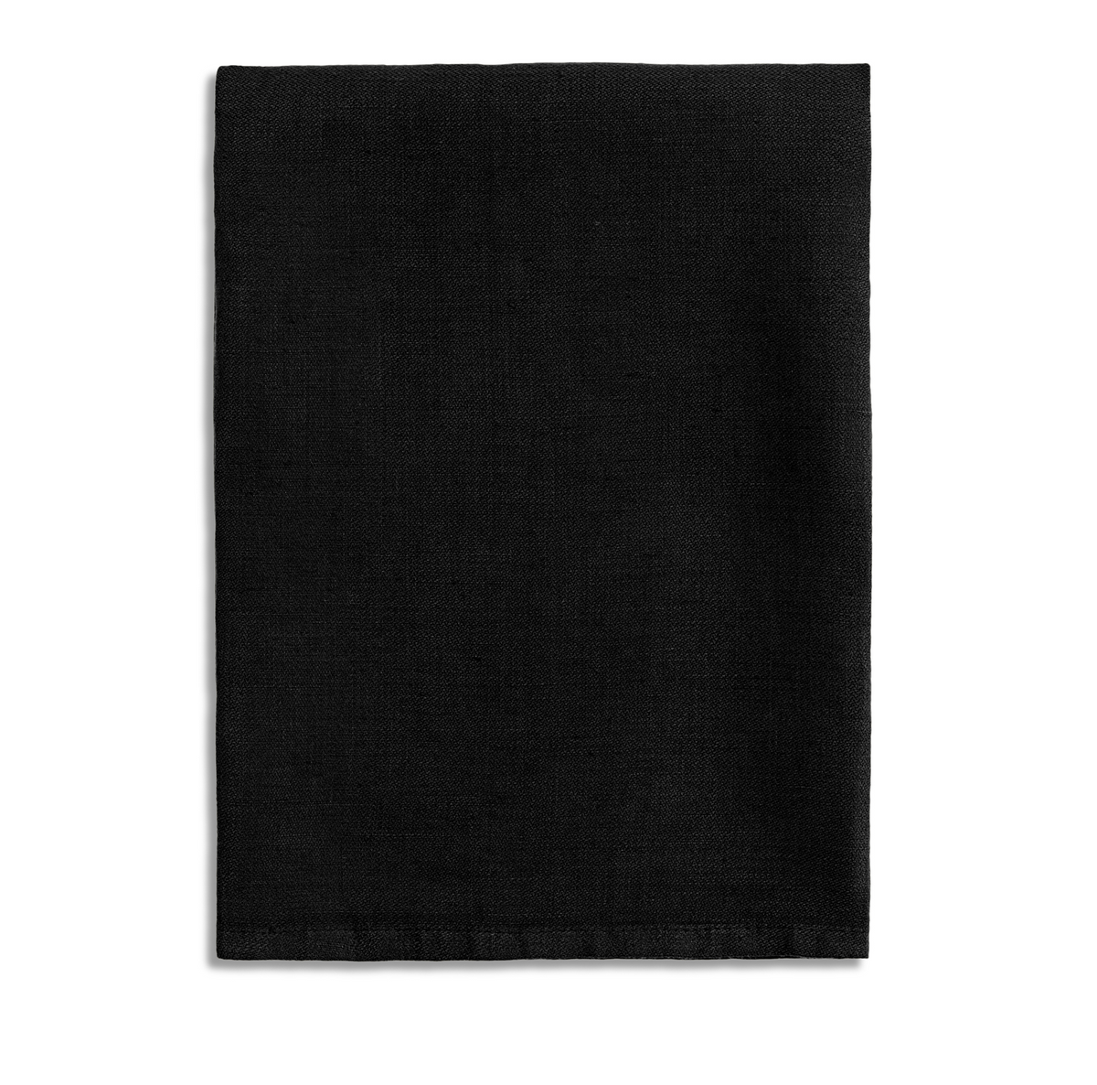 The L'Objet Linen Sateen Napkin Black Set of 4, crafted from 100% linen in Portugal, features neatly folded rectangular black napkins displayed on a white background.