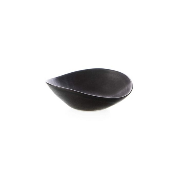 The Simon Pearce Barre Dip Bowl in Slate is a modern, matte black stoneware piece with smooth asymmetrical curves, shown against a plain white background.