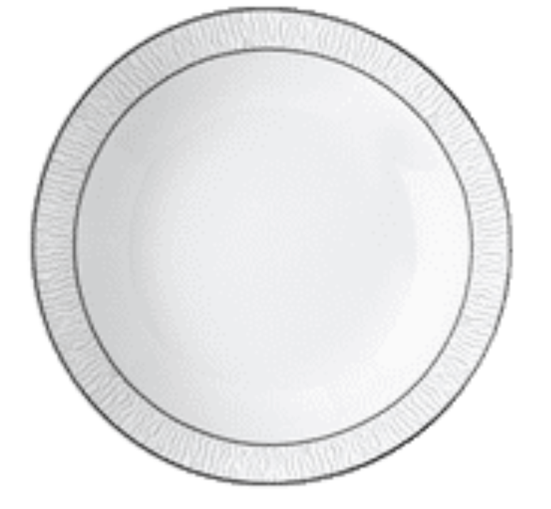 A round, white Bernardaud Dune Dinnerware plate made of Limoges porcelain features a subtle texture and a thin silver rim, shown empty and viewed from above against a white background.