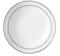 A round, white Bernardaud Dune Dinnerware plate made of Limoges porcelain features a subtle texture and a thin silver rim, shown empty and viewed from above against a white background.