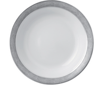 The Bernardaud Sauvage Grey & Platinum plate features a white ceramic center and a textured, platinum-gray rim with a snake skin-inspired design, shown from above against a plain background.